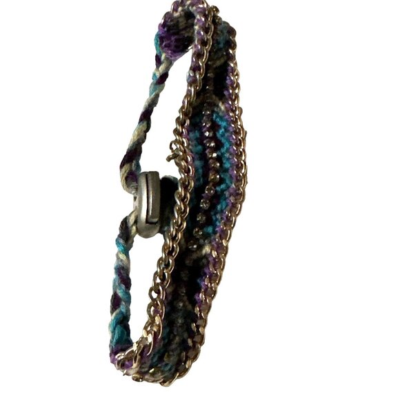 Western Boho Chic Woven Rhinestones Bracelet Blue Reversible Adjustable - Picture 7 of 11